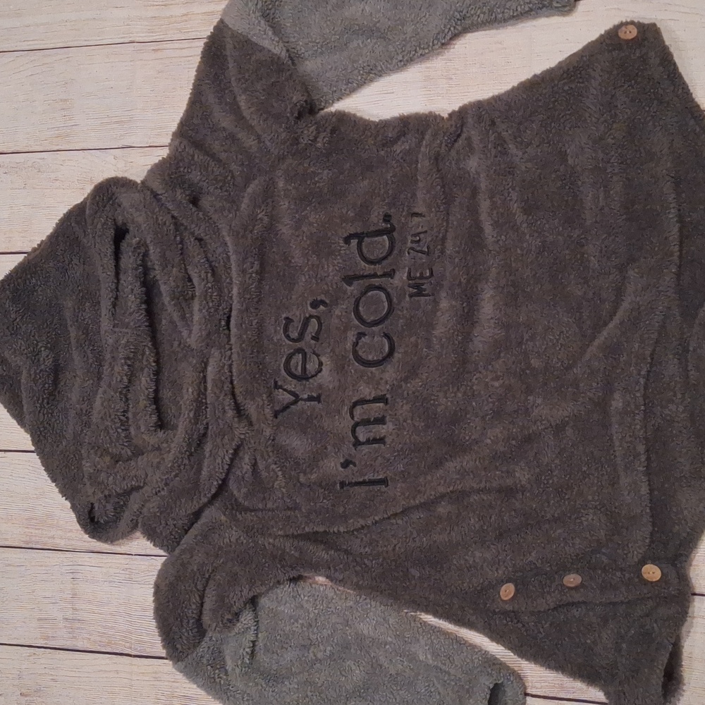 Yes, I'm cold ME 24:7 Grey Black Hoodie Sherpa Teddy Pullover Sweatshirt Large - Picture 3 of 9
